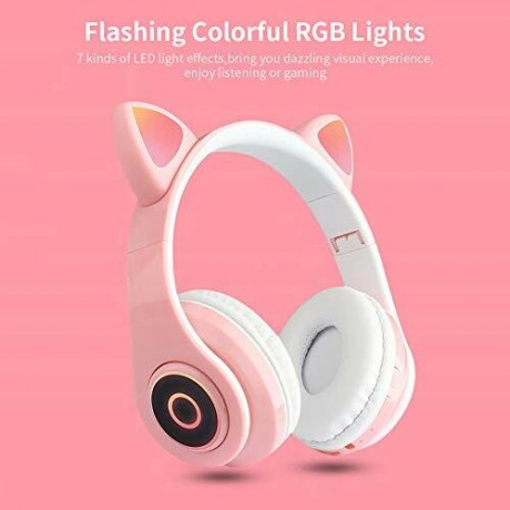 B39 Cute Cat Ear Headset Wireless BT5.0 Foldable Gaming Headphone with Flash RGB lights Earphone TF Card Play/Wired Mode Pink