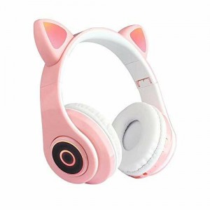 B39 Cute Cat Ear Headset Wireless BT5.0 Foldable Gaming Headphone with Flash RGB lights Earphone TF Card Play/Wired Mode Pink